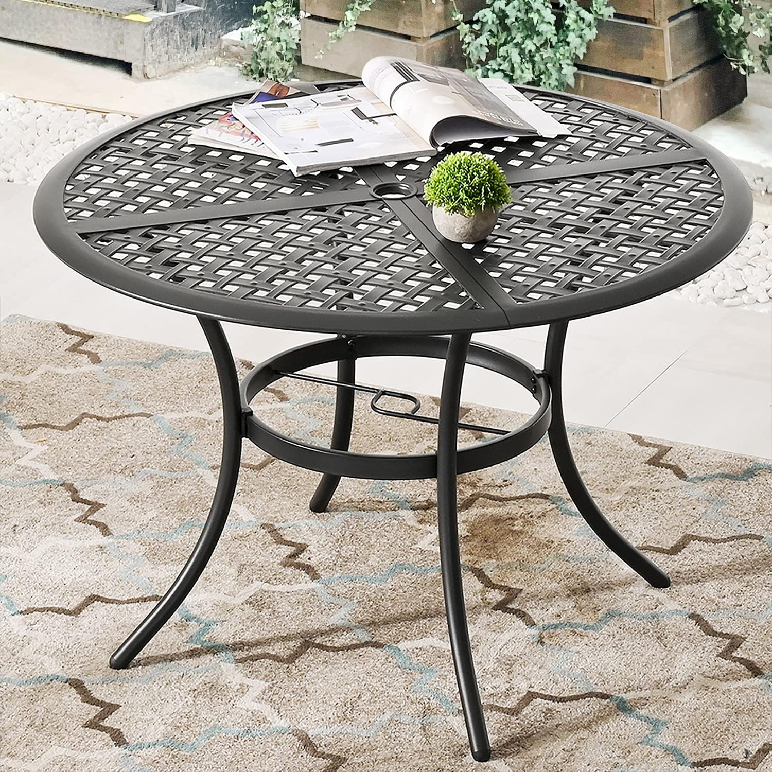 Romayard 42 Inch Outdoor Dining Table Round Patio Bistro Table Powder-Coated Steel Frame Top Patio Dining Table Outdoor Furniture Garden Table with 2.1
