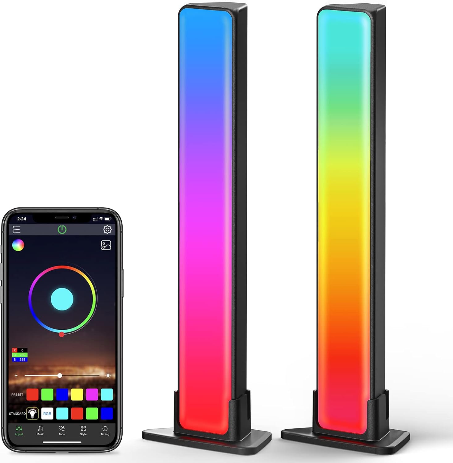 Jizbuger Smart LED Light Bars, RGB Light Bars with 20 Scene Modes and Music Sync Modes, White & Color LED Lights for TV Ambient Lighting, Gaming, Party, PC, Room Decor Pack of 2