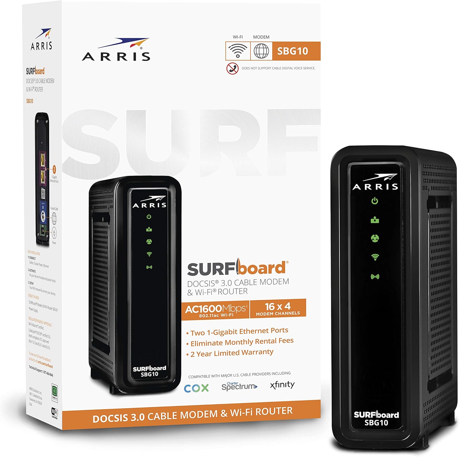 ARRIS SURFboard SBG10 DOCSIS 3.0 Cable Modem & AC1600 Dual Band Wi-Fi Router, Approved for Cox, Spectrum, Xfinity & others (black)