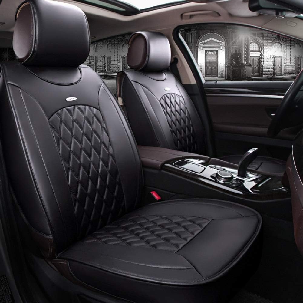 Black Full Set Universal Fit 5 Seats Car Surrounded Solid Color Waterproof Leather Car Seat Covers Protector Adjustable Removable Auto Seat Cushions with 2 Waist Pillows 2 Headrest Pillows