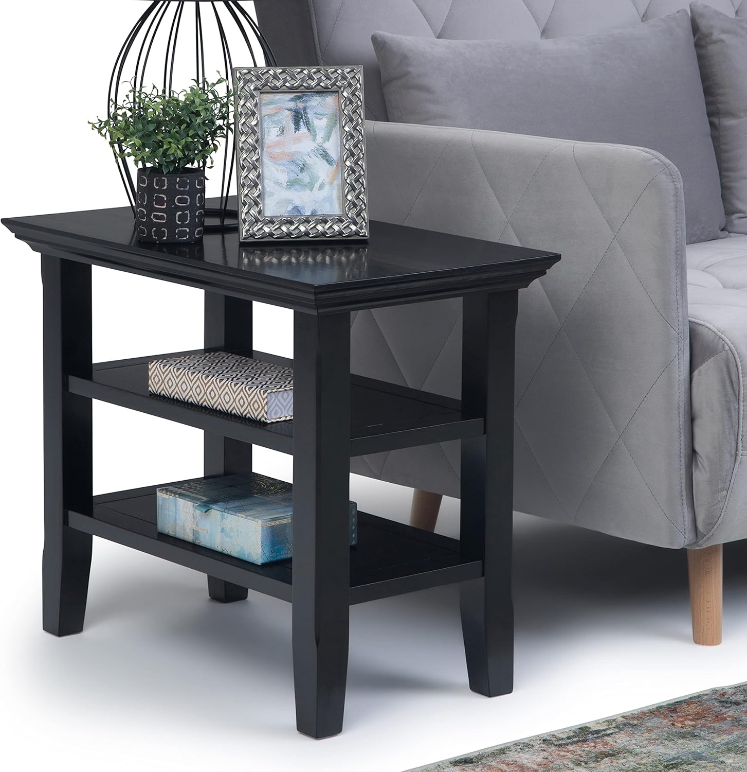 SIMPLIHOME Acadian SOLID WOOD 14 inch wide Rectangle Rustic Contemporary Narrow Side Table in Black with Storage, 2 Shelves, for the Living Room and Bedroom