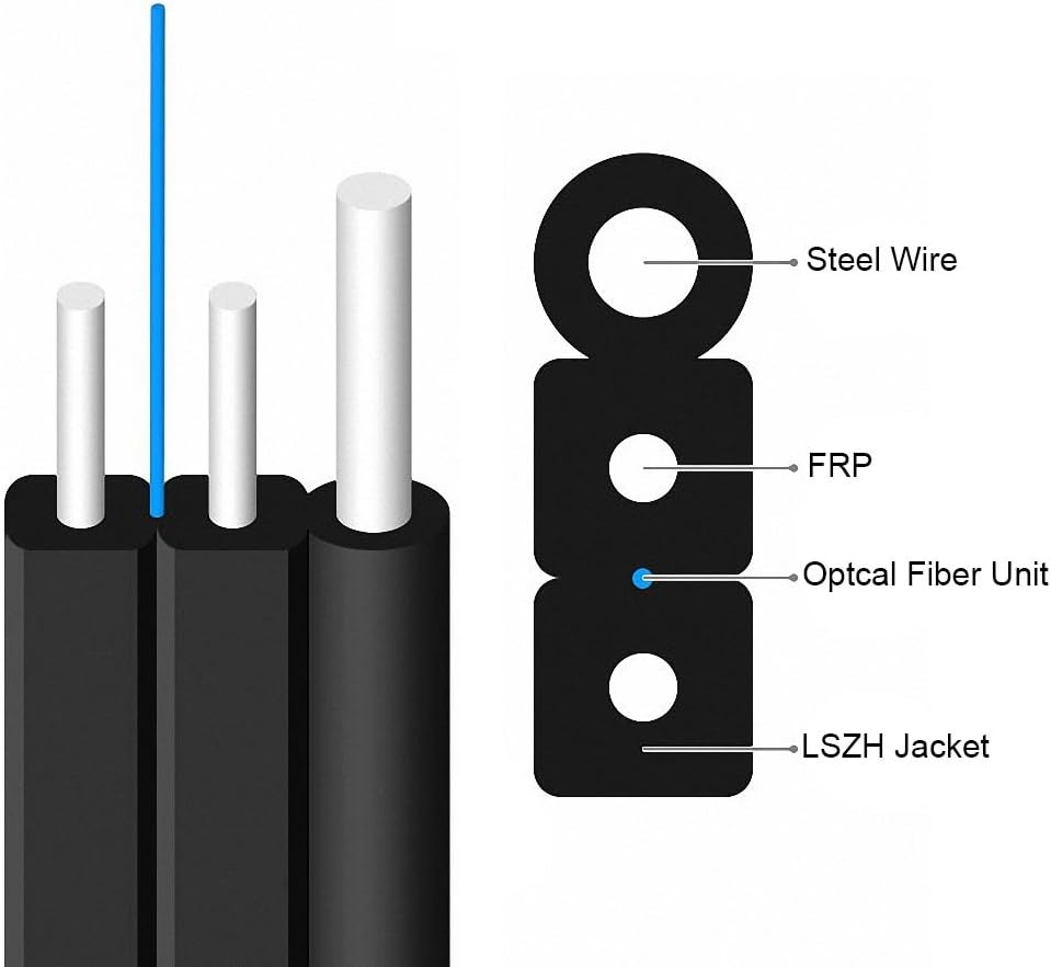 FASO FTTH Cable Single Fiber Indoor/Outdoor Optical Fiber Drop Cable,Single Mode,9/125,LSZH Jacket,1 Steel Wire+2 FRP Strength Member,Black,1000 Feet G652D/G657A1/G657A2 (G657A1)