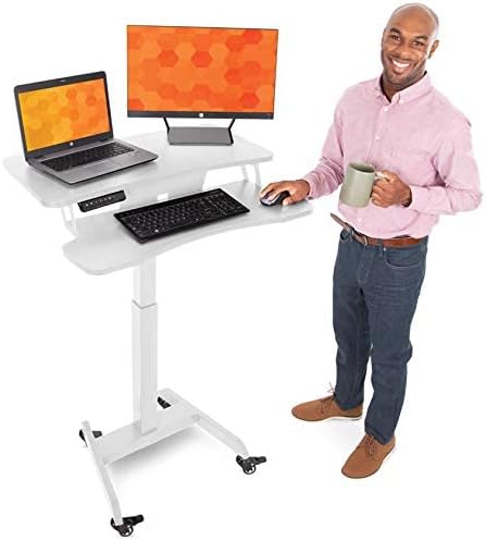 Stand Steady Electric Mobile Podium with Keyboard Tray | Height Adjustable Stand Up Workstation with Locking Wheels | Go from Sitting to Standing with Programmable Pad (Black)