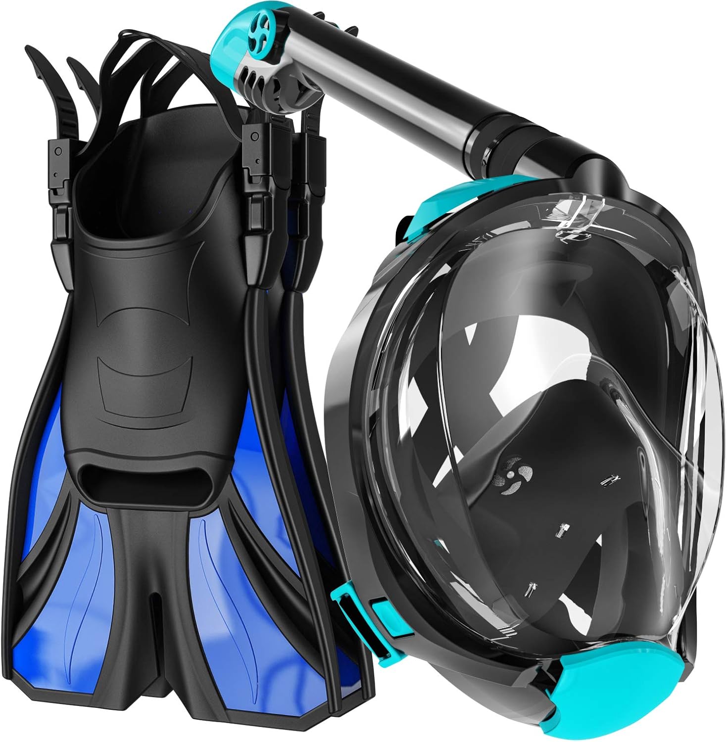 COZIA DESIGN Snorkel Set Adult - Full Face Snorkel Mask and Adjustable Swim Fins, 180° Panoramic View Scuba Mask, Anti Fog and Anti Leak Snorkeling Gear Pack of 2