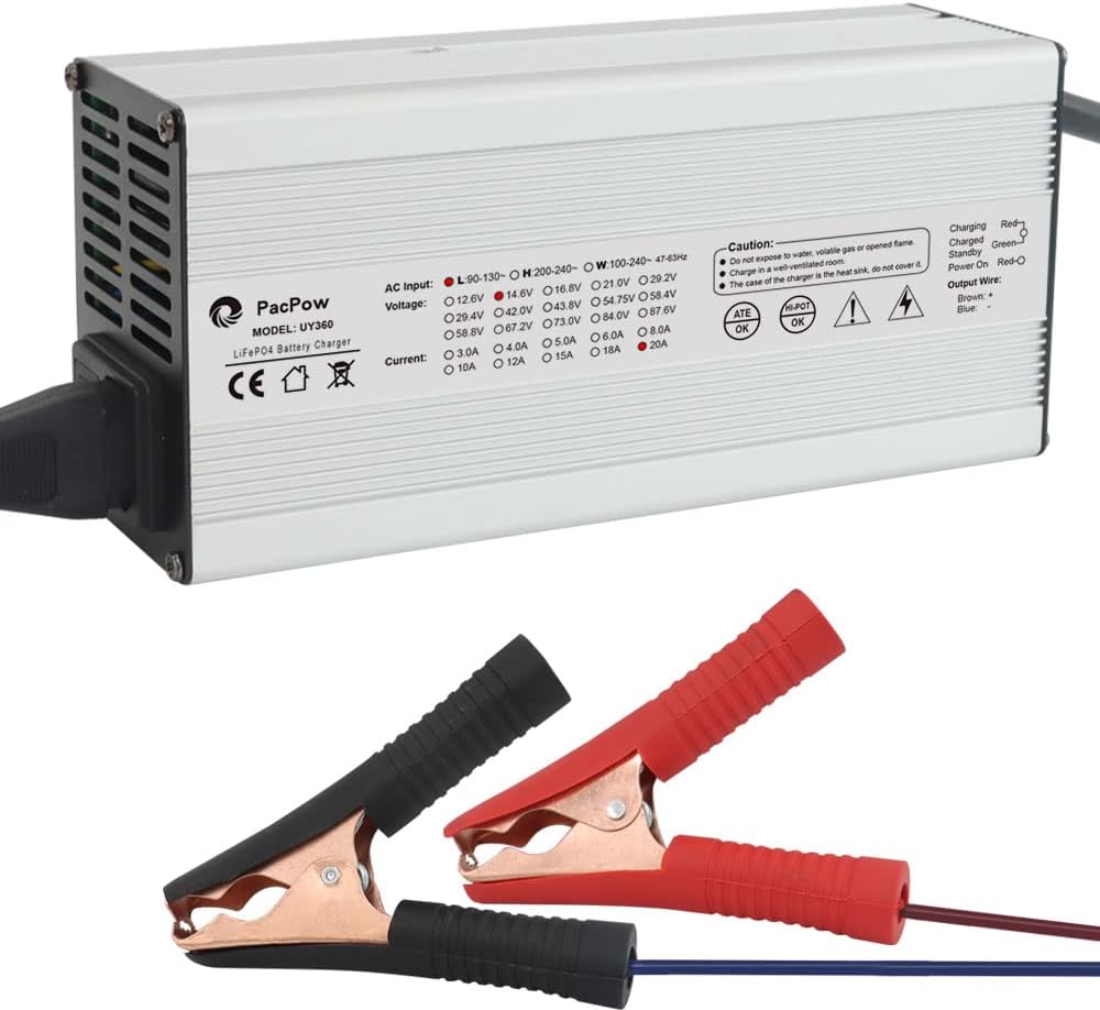 PacPow 14.6V 20A AC/DC Battery Charger for 12.8V Lithium Iron Phosphate, LiFePO4 Battery Recharging