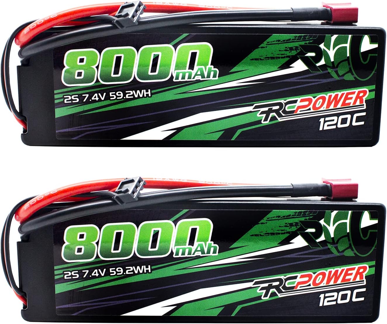 RCPOWER 7.4V 8000mAh 2S Lipo Battery 120C Hard Case Lipo Battery with T Plug for RC Vehicles, RC Car, RC Truck, RC Boat (2Packs)