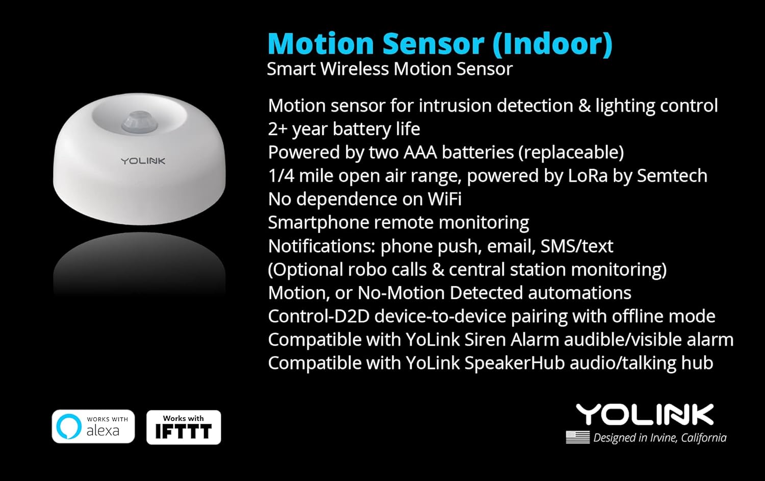 Smart Motion Sensors, YoLink 1/4 Mile World's Longest Range Wireless Indoor Motion Detector Compatible with Alexa IFTTT, Movement Detector App Alerts Remote Monitor, 2 Pack, YoLink Hub Included Pack of 2