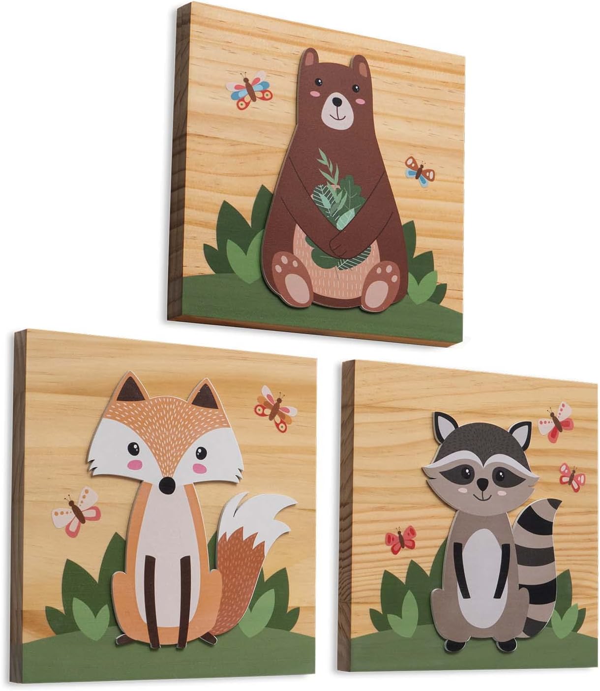 ArtiRooms Natural Wood 3-D Wall Art Woodland Nursery Decor for Boys and Girls with Forest Animals Pictures Bear Racoon and Fox, Woodland Wall Decor for Nursery or Kids Bedroom, Baby Room Decor Gift