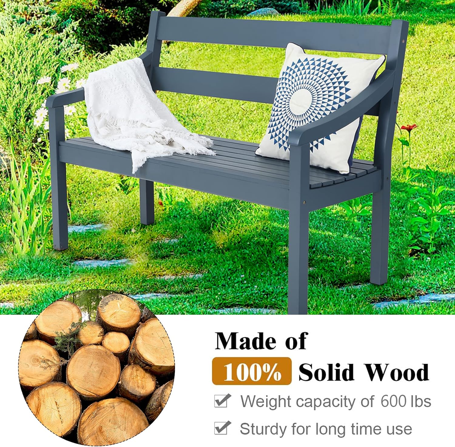 MFSTUDIO Outdoor Wooden Garden Bench,2-Person Acacia Wood Bench with Backrest and Armrest Loveseat Patio Chair Furniture for Porch,Backyard,Lawn(Blue)