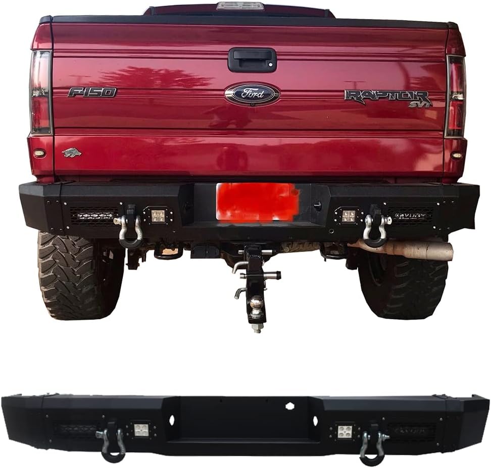 Ronghui Textured Black Rear Bumper with 4 LED Lights+2 D-Rings fits 2010-2011-2012-2013-2014 F-150 SVT Raptor