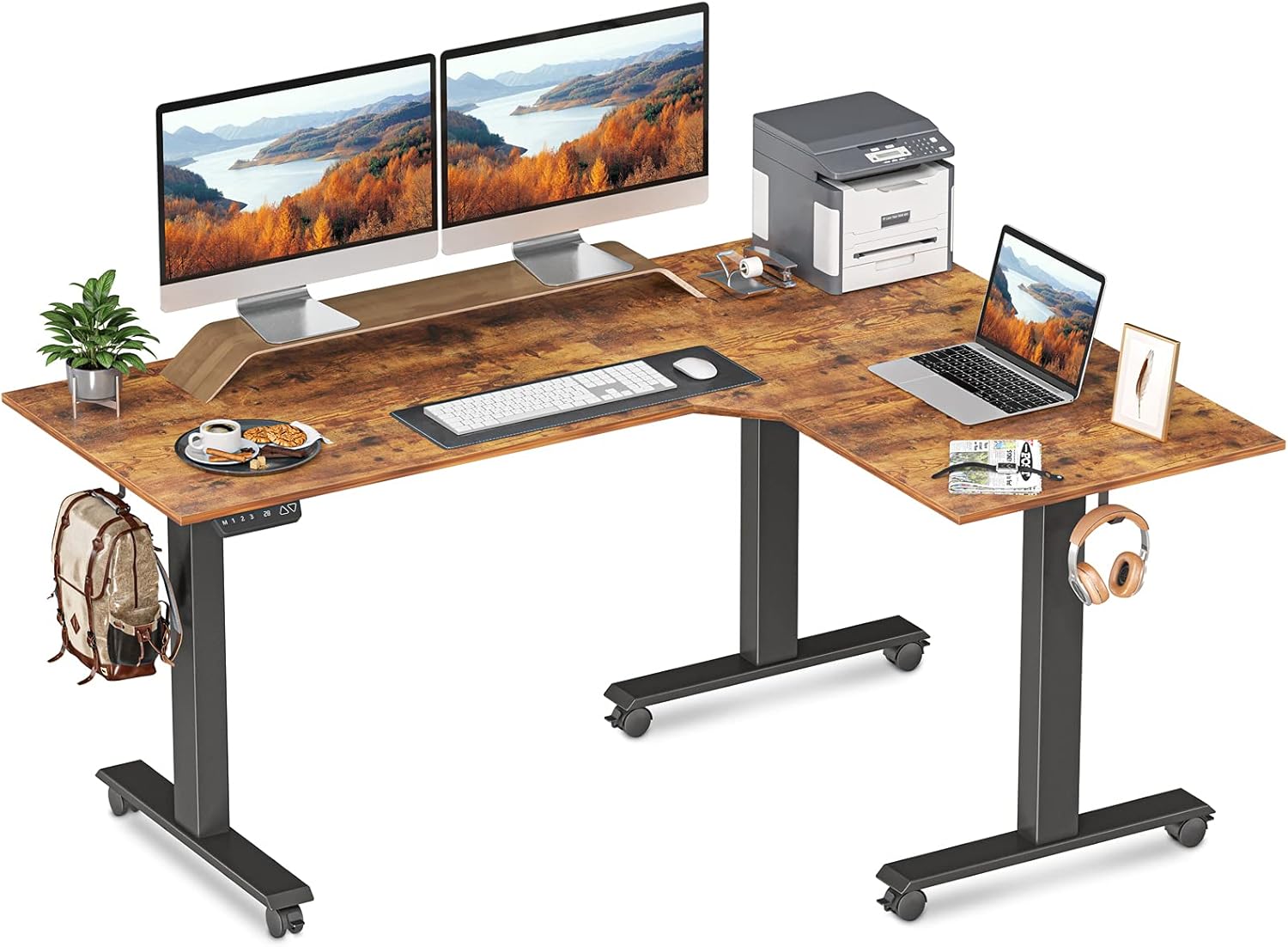 FEZIBO Triple Motor L-Shaped Electric Standing Desk, 63 inches Height Adjustable Stand up Corner Desk, Sit Stand Workstation with Splice Board, Black Frame/Rustic Brown Top