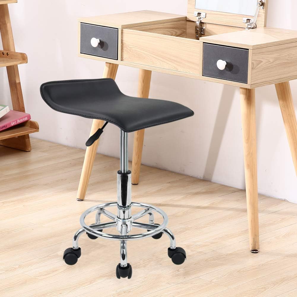 KKTONER Square Height Adjustable Rolling Stool with Foot Rest PU Leather Seat Cushion Spa Drafting Salon Tattoo Work Swivel Office Stools Task Chair Black