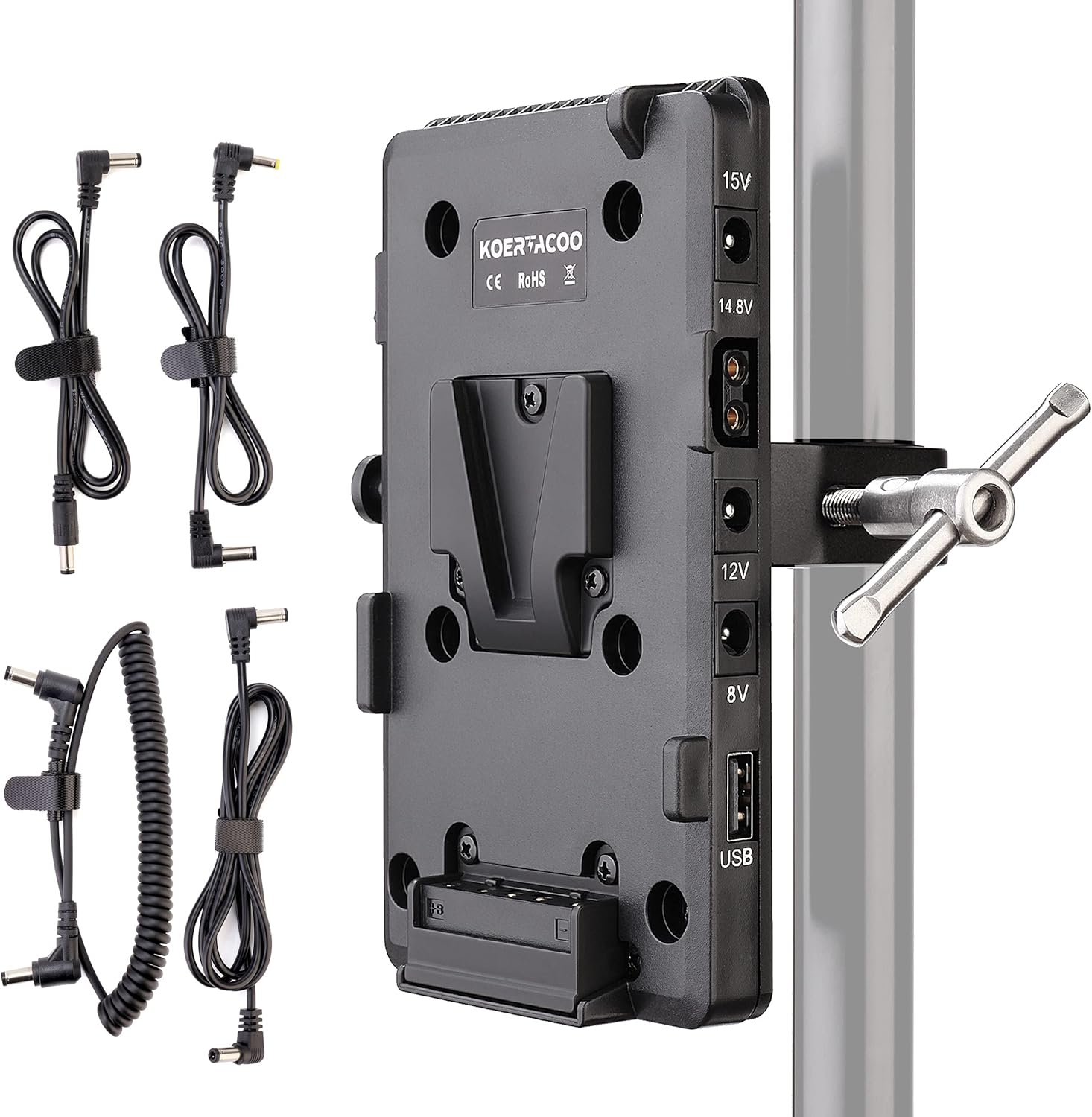 KOERTACOO V-Mount Lock Battery Plate Power Supply Adapter + Super Clamp for Lighting Stand,Tripod, Support Rod.with D-TAP/DC/USB Power Output for Camcorder, DSLR Camera, LED Video Light, Monitor etc.