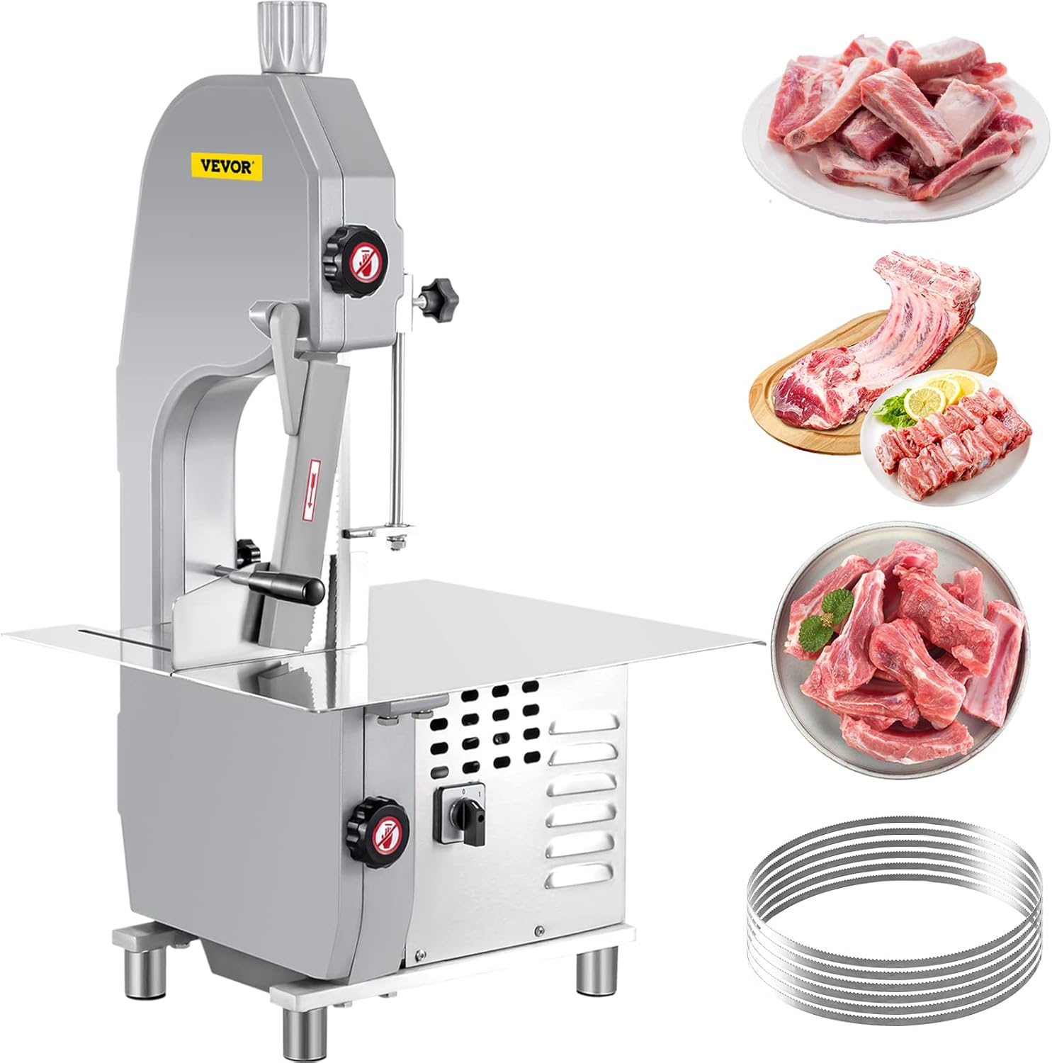 VEVOR 110V Bone Saw Machine, 850W Frozen Meat Cutter, 1.12HP Butcher Bandsaw, Thickness Range 4-180mm, Max Cutting Height 200mm,Work Table 14.5x15inch, Sawing Speed 15m/s, Equipped with 3 Saw Blades
