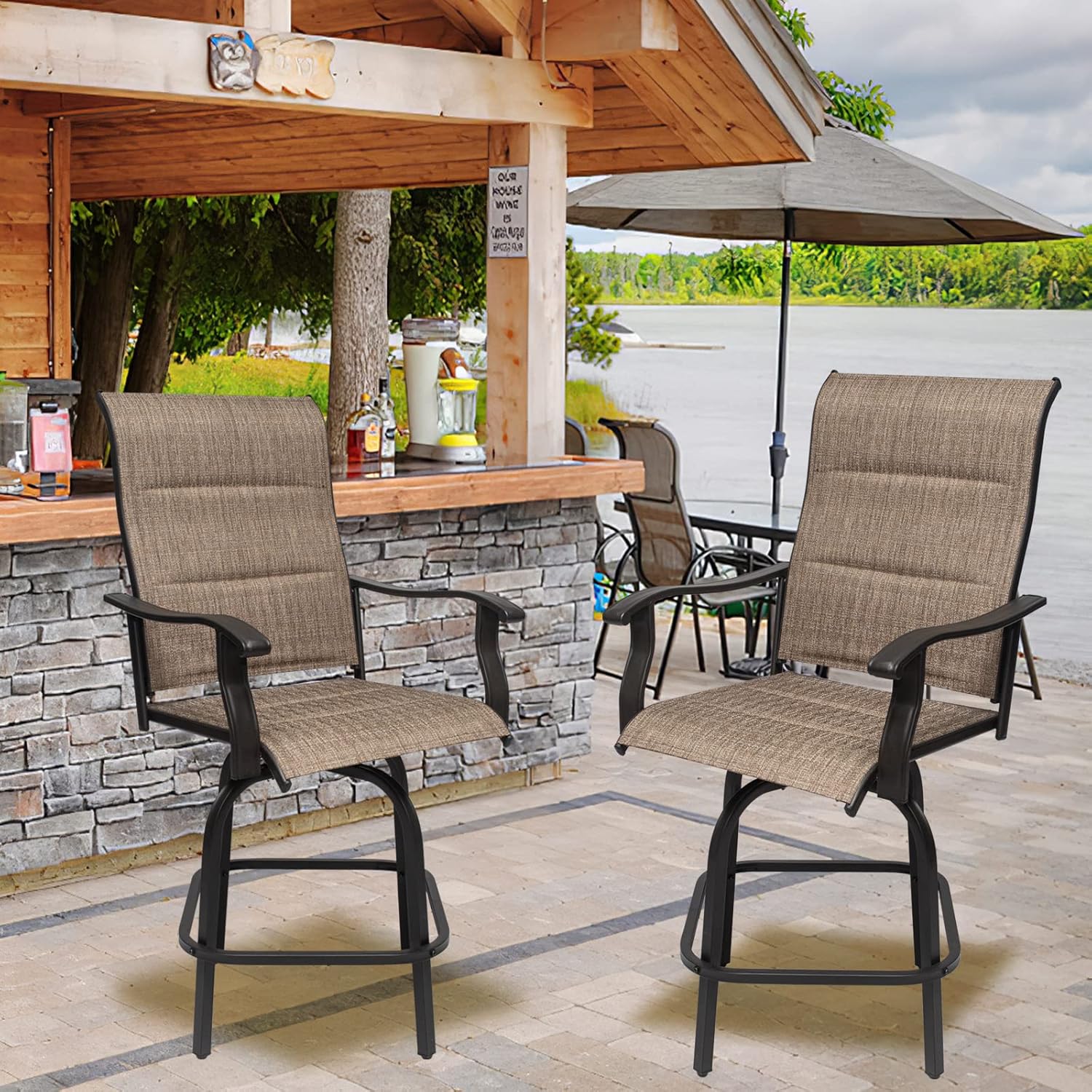 360 Degree Rotating Adjustable Height Outdoor Bar Chairs Two Piece Set with Backrest and Armrests, Teslin Fabric for Bar Balcony Backyard Garden Kitchen Bistro Restaurant (Thick)