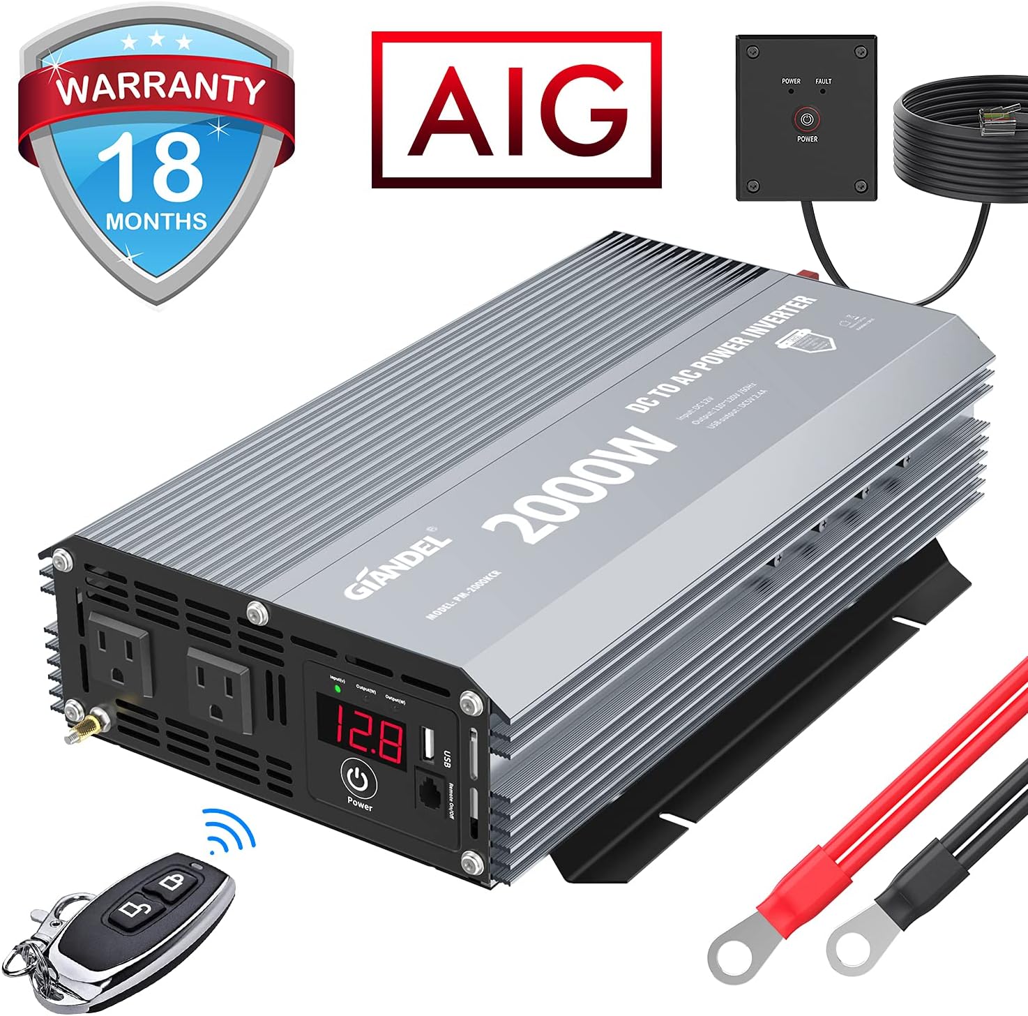 GIANDEL Power Inverter 2000W Modified Sine Wave DC 12V to AC 110V 120V with Wireless Remote Controller LED Display & 2.4 Amps USB Port for RV Truck Boat