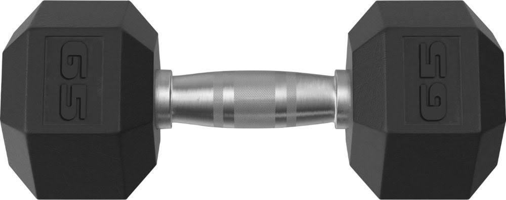 Tru Grit - 65-lb Hex Rubber Coated Dumbbell - Black/Silver