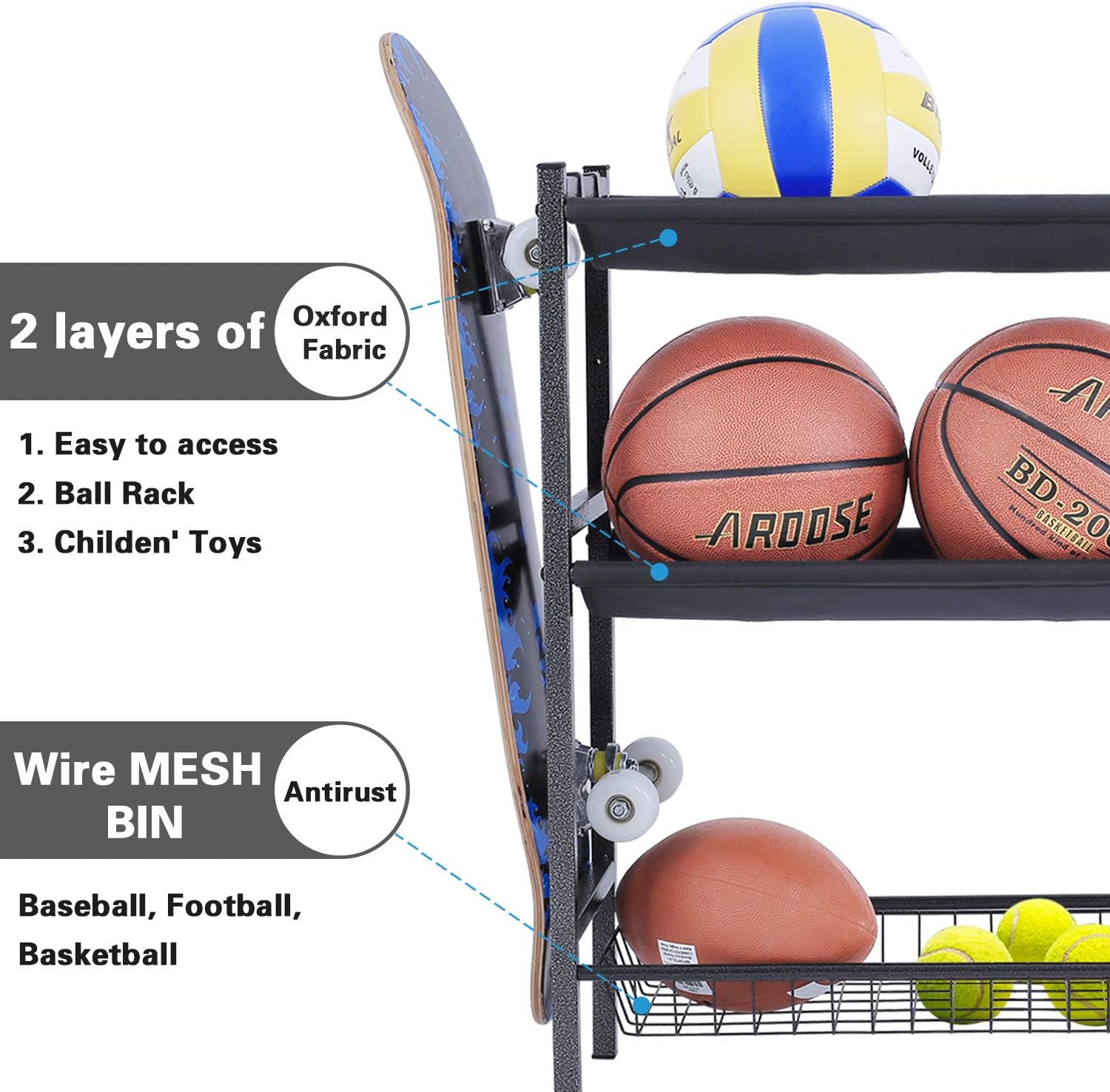 Mythinglogic Garage Sports Equipment Organizer, Sports Gear Storage for Kids, Wall Mount Garage Organizer and Storage with Hooks, Black Steel Garage Ball Storage,Basketball Rack Pack of 2