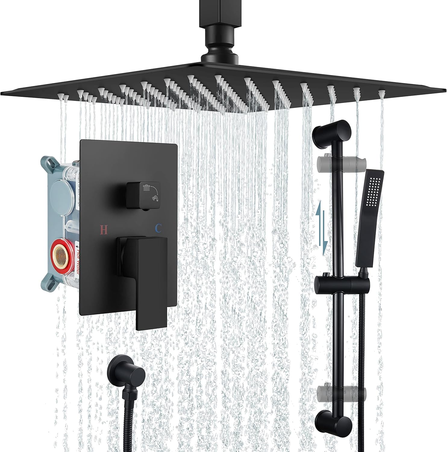 Aolemi 12 Inch Matte Black Ceiling Mount Shower System Rain Shower Head with Slid Bar Handheld Spray Luxury High Pressure Shower Combo Set Rough-in Valve and Shower Trim Included Bathroom