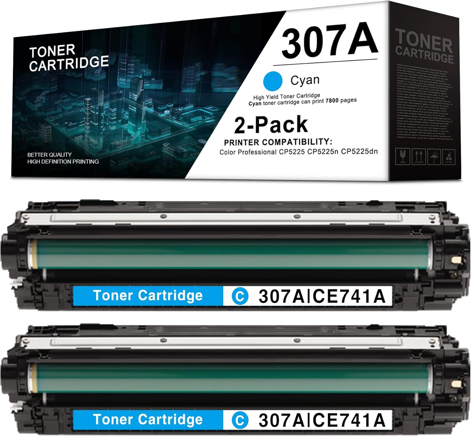 2 Pack Cyan 307A | CE741A Remanufactured Toner Cartridge Replacement for HP Color Professional CP5225 CP5225n CP5225dn Printer -by Leadyink