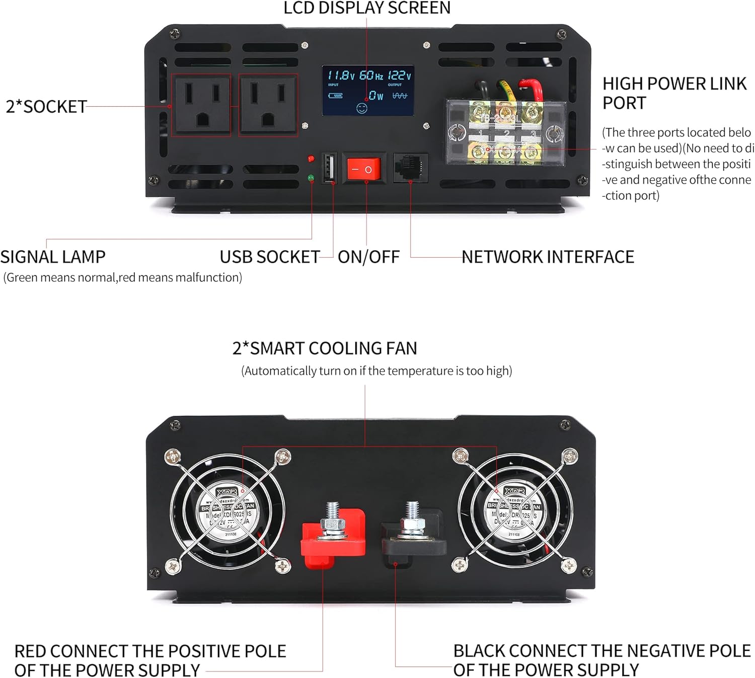 Power Inverter, 2000W Pure Sine Wave Inverter DC 12V to AC 120V Car Inverter with LCD Digital Display Remote Control USB Port Power Converter for Travel/Camping