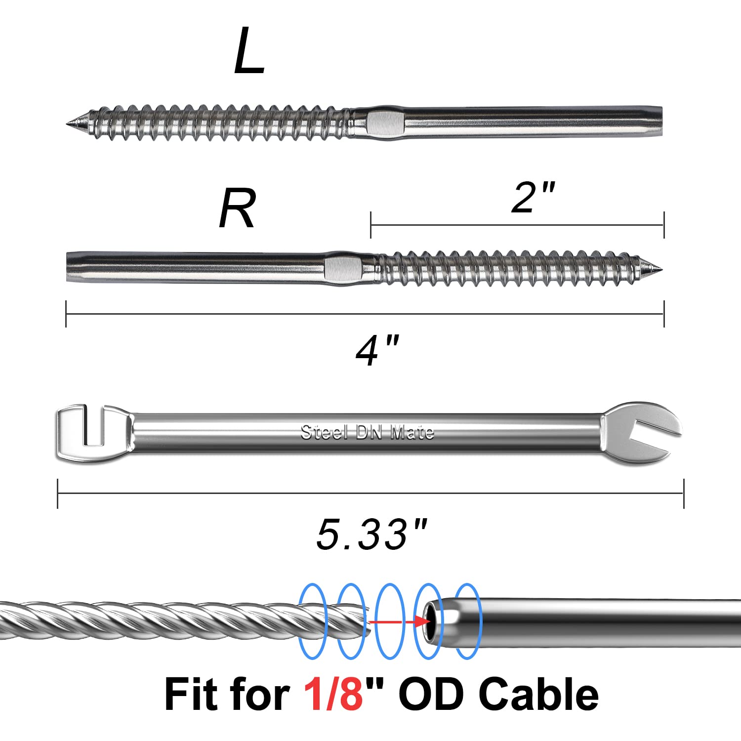 Steel DN Mate 100 Packs T316 Stainless Steel Right&Left Handed Thread Swage Lag Screws for Wood Post of 1/8