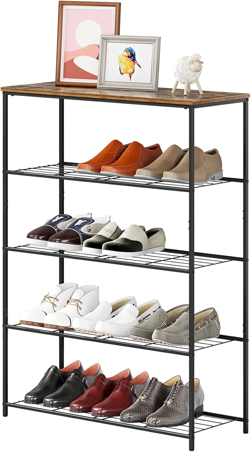 Gadroad 3-Tier Shoe Rack,Black Metal Shoe Rack with Wooden Top Board,Modern Shoe Storage Organizer with 2 Metal Mesh Shelves,Each Tier Fits 3 Pairs of Shoes,for Entryway Living Room