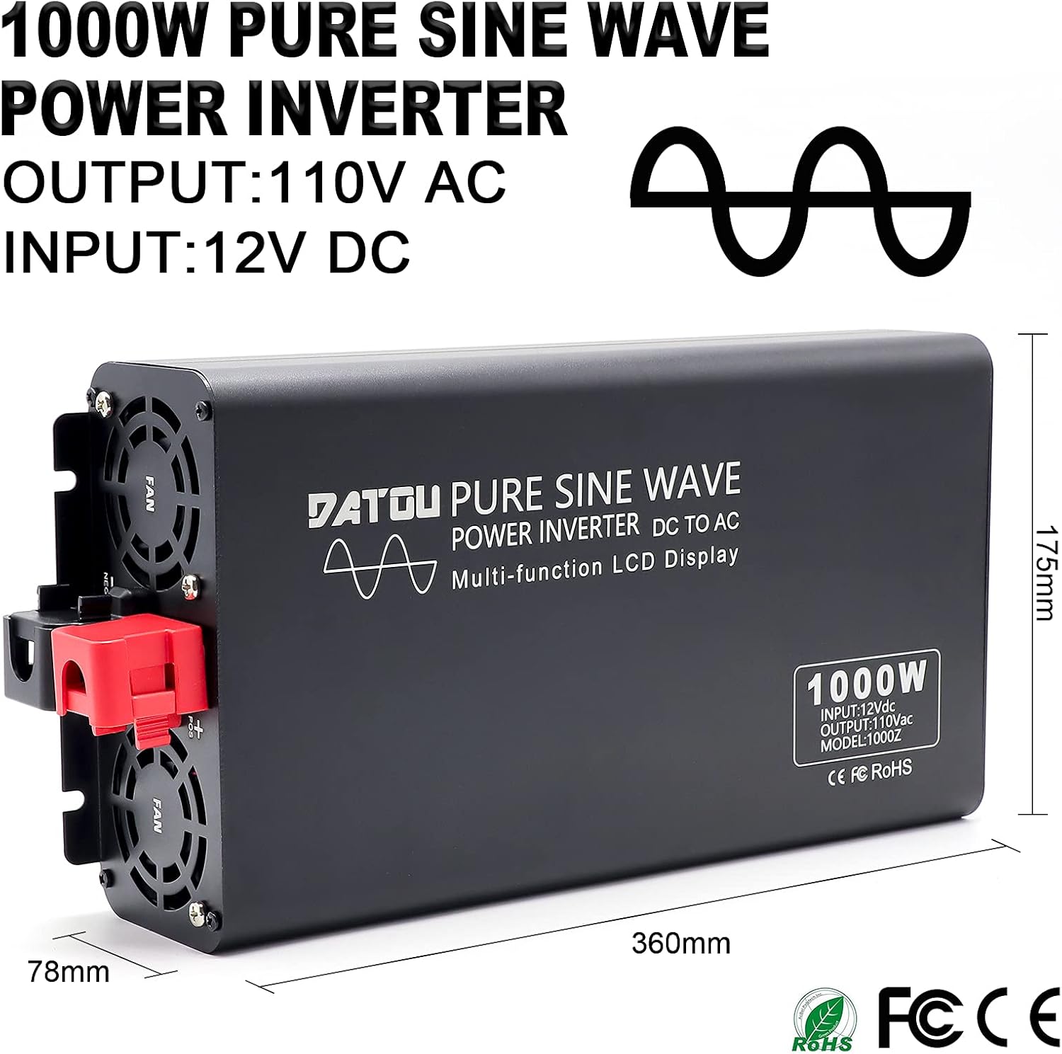 Pure Sine Wave Power Inverter 1000W 2000W Converter DC 12V to 110V 120V AC 60Hz with 2 AC Outlets LCD Display for Home Solar System RV Car Inverter