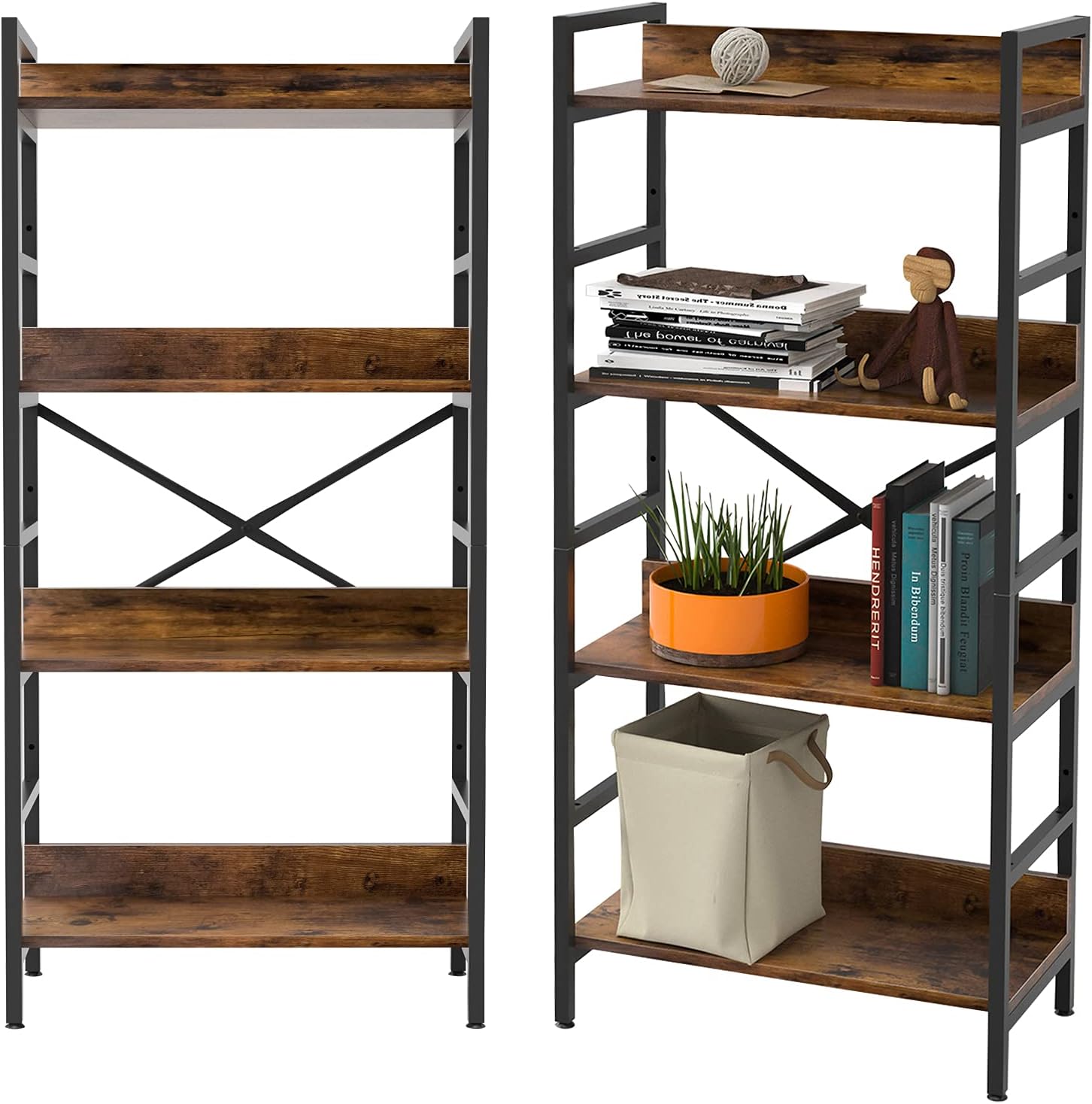SUAYLLA Industrial Bookshelf,4 Tier Tall Bookcase,Storage Rack Shelves with Adjustable Shelf,Metal Frame Bookshelves for Living Room Office,Steel Wood Rustic Brown Furniture