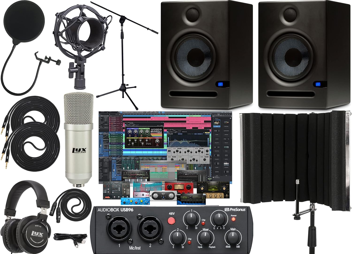 Presonus AudioBox 96 Audio Interface with Creative Software Kit and Studio Bundle and Eris E5 Pair 2-Way Studio Monitors with 1/4 Cables and Microphone Isolation Shield