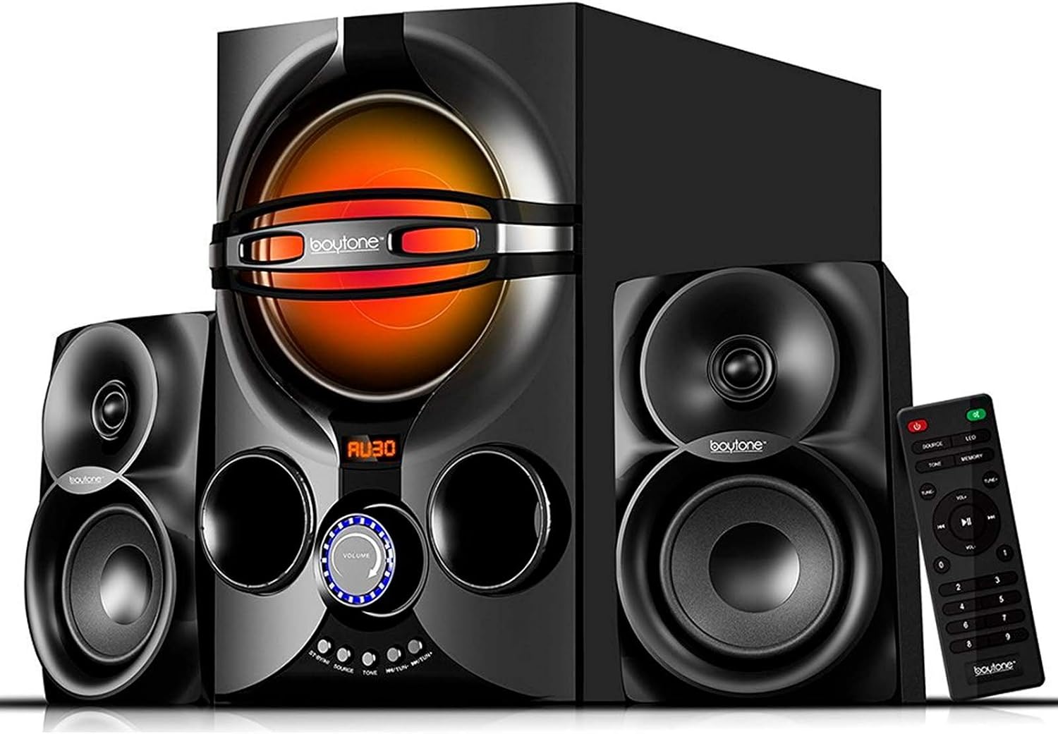 Boytone BT-324F, 2.1 Bluetooth Powerful Home Theater Speaker Systems, with FM Radio, SD USB Ports, Digital Play Back, 40 Watts, RGB Light, Full Function Remote Control, Smartphone, Tablet Pack of 2