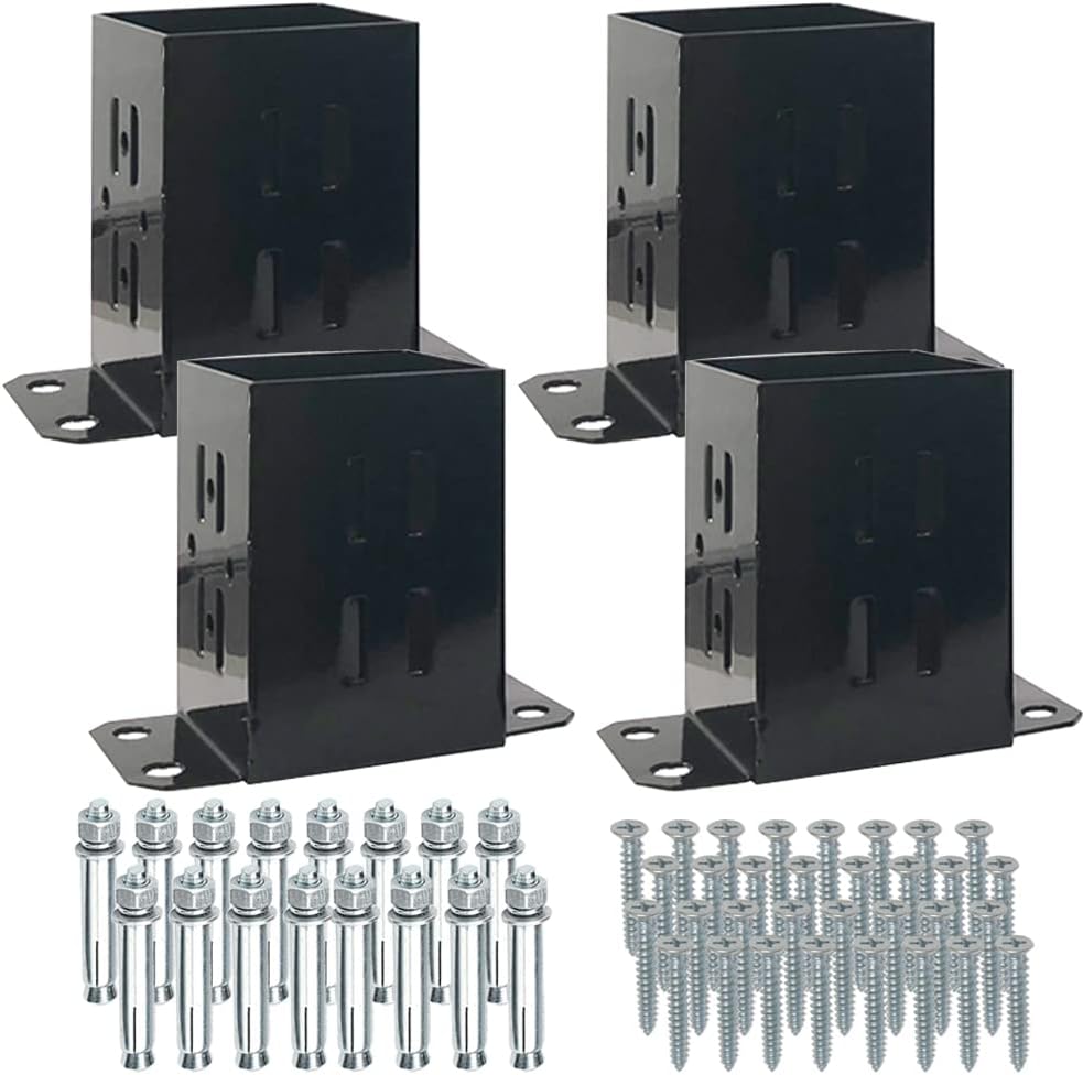JH 4x4 Wood Fence Post Base Brackets | Heavy Duty Powder-Coated 13-Gauge Steel Anchor Support, Come with Screws and Concrete Anchors (4 Pack)