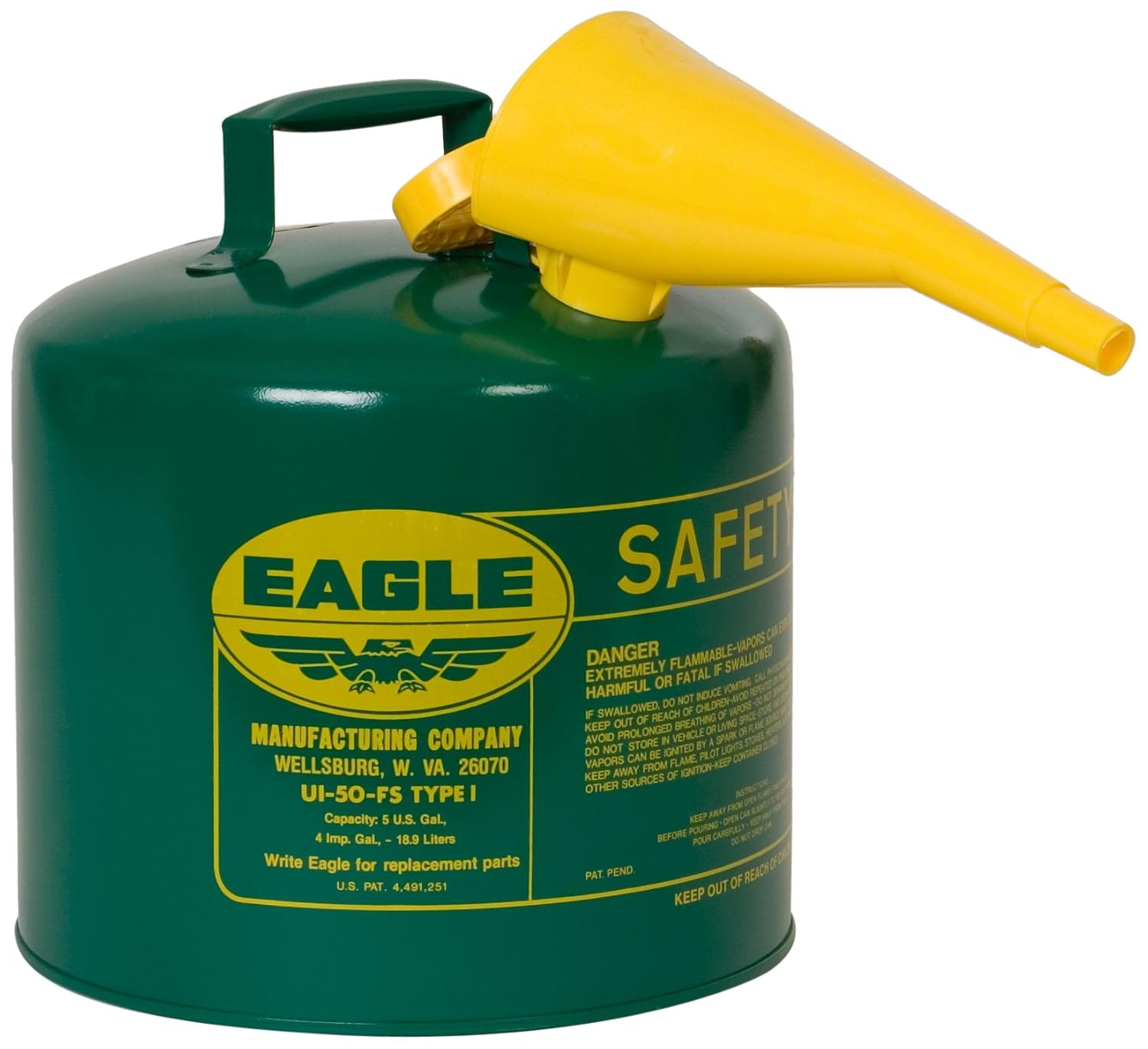 Eagle UI-50-FSG Type I Metal Safety Can with F-15 Funnel, Combustibles, 12-1/2