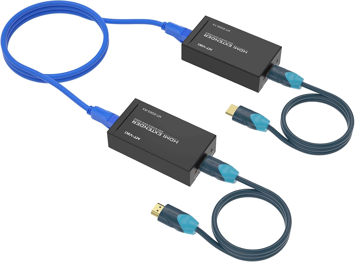 MT-VIKI HDMI Extender Over Cat5e/6 Cable 200ft + 2 Pack 4K HDMI Cables, Support Full HD 1080P HDCP 1.4 EDID, Dolby Digital/DTS (Transmitter+Receiver) Pack of 2