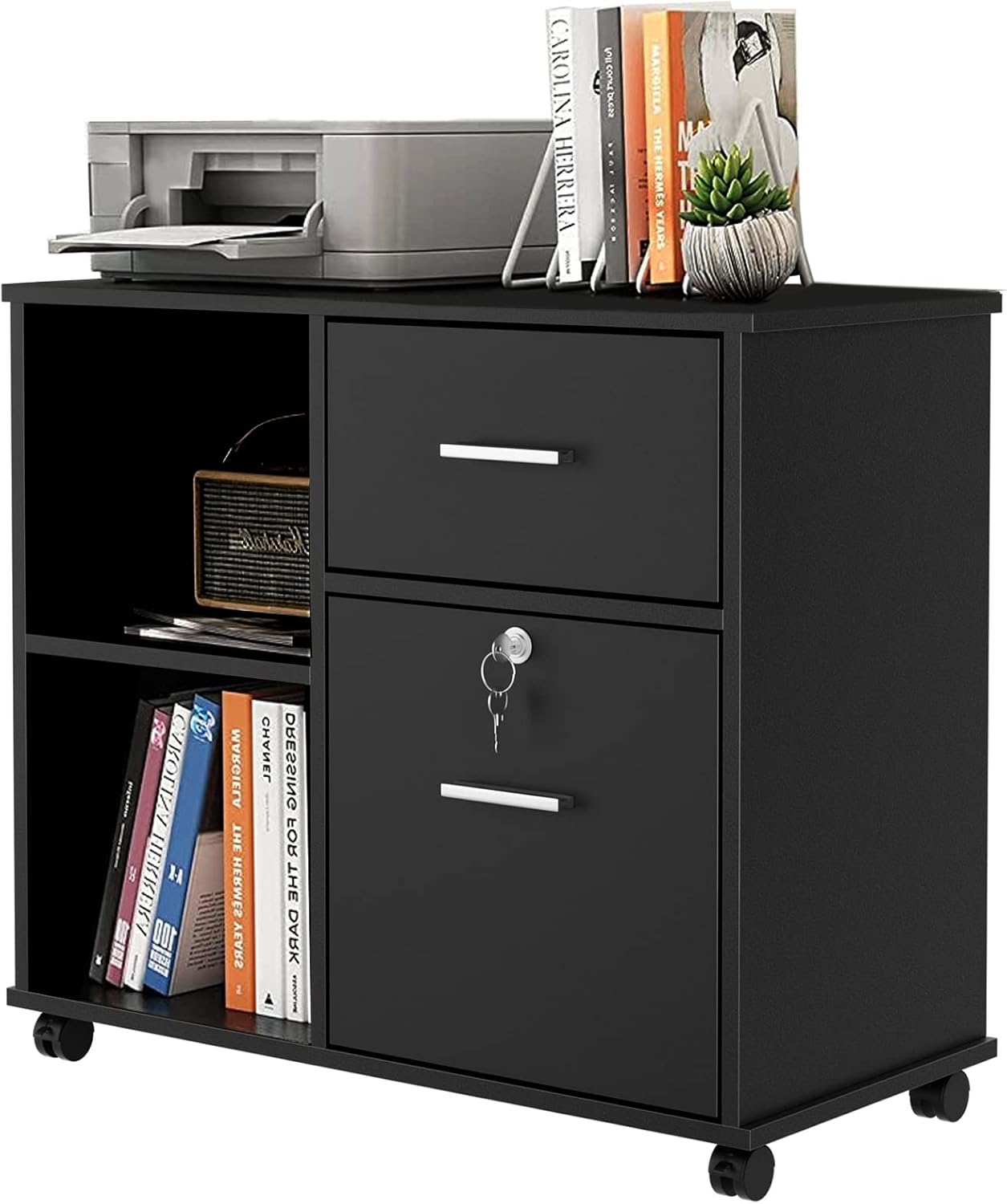 Office File Cabinet with Two Drawers and Lock, Wood Lateral Filing Cabinet, Rolling Printer Stand with Open Shelves for Home Office, Accommodate A4-Size Hanging File Folders, Black Pack of 2