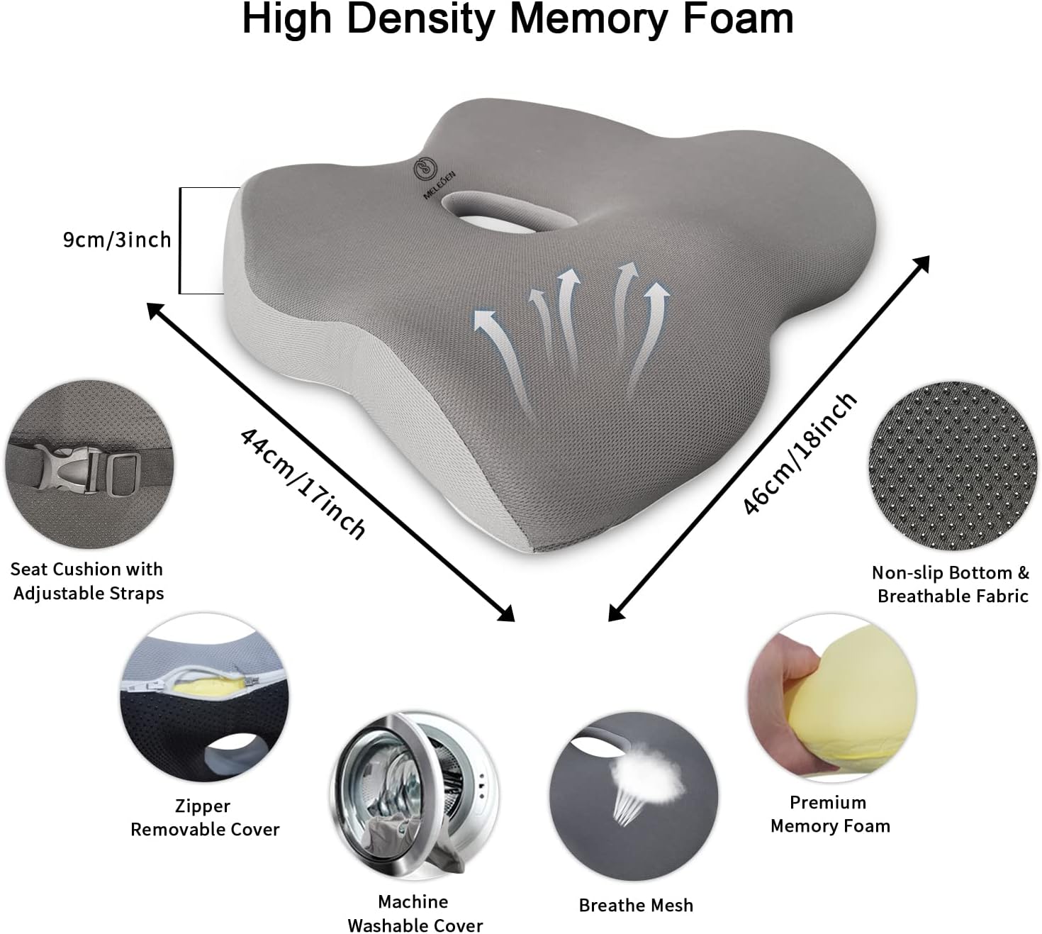 MELEDEN Seat Cushion, Back & Seat Cushions for Office Desk Chair, Memory Foam Coccyx Pad with Adjustable Straps for Sciatica, Tailbone, Lower Back Pain Relief, Seat Pad for Car,Wheelchair (Gray)