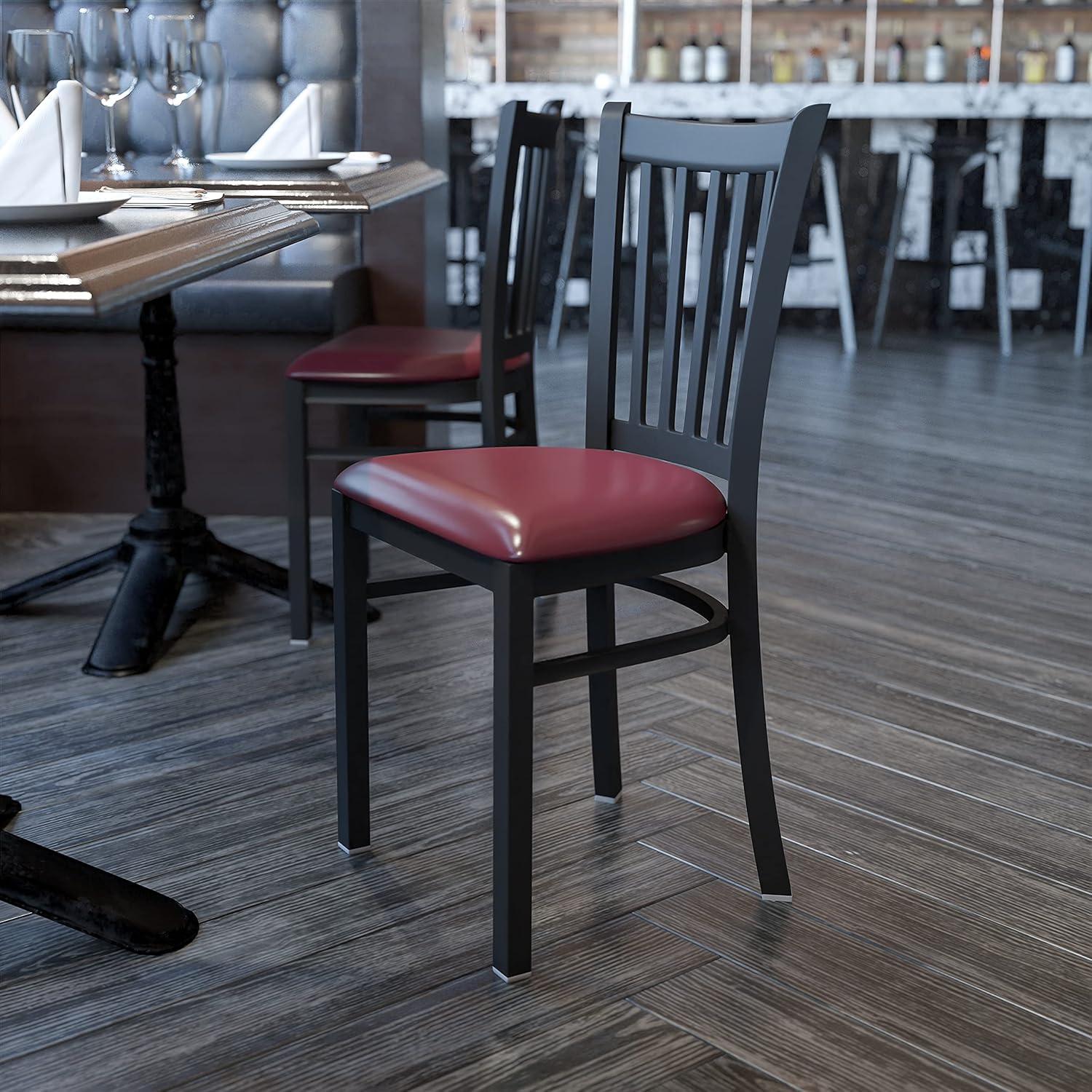 Flash Furniture HERCULES Series Black Vertical Back Metal Restaurant Chair - Walnut Wood Seat