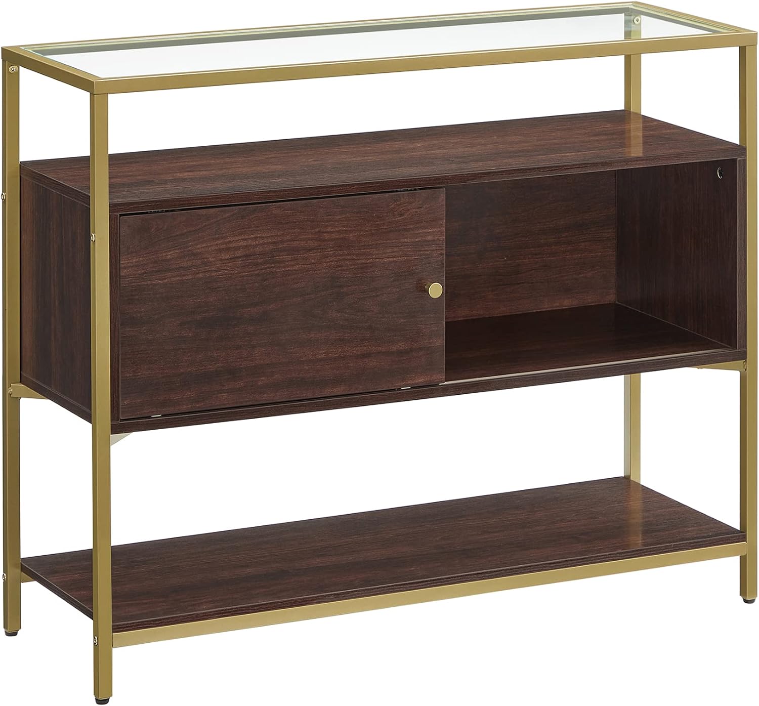 VASAGLE Sideboard, Side Cabinet with Glass Top, Sliding Door, Open Shelf, and Steel Frame, Buffet Table and Accent Cabinet, for Dining Room, Chocolate Brown and Matte Gold Color ULSC016B24