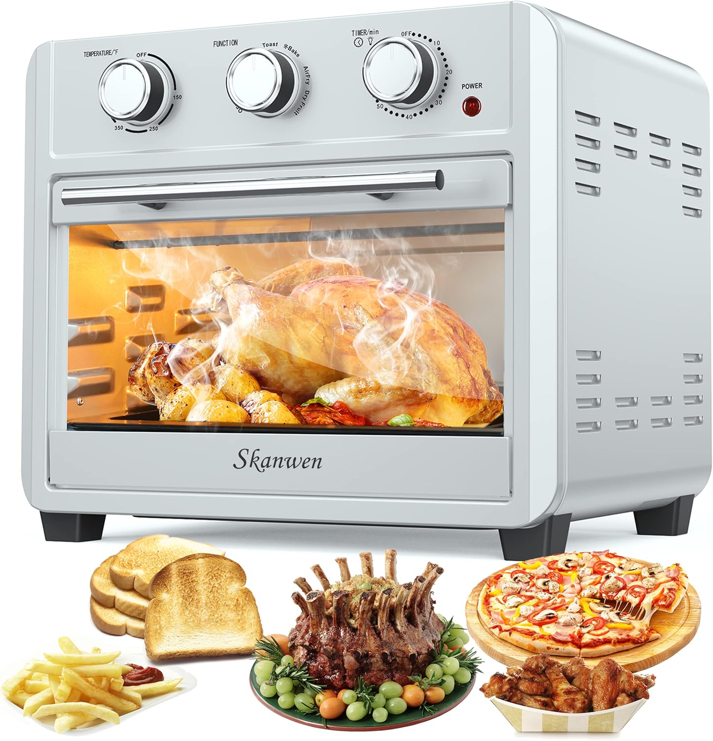 10-in-1 Air Fryer Oven Large Convection Toaster, SKANWEN 24 Quart Oilless Cooker Bake Broil Pizza Roast 6 Slice Toast, Stainless Steel Handle Rotisserie Dehydrate with Digital Timer 9 Accessories