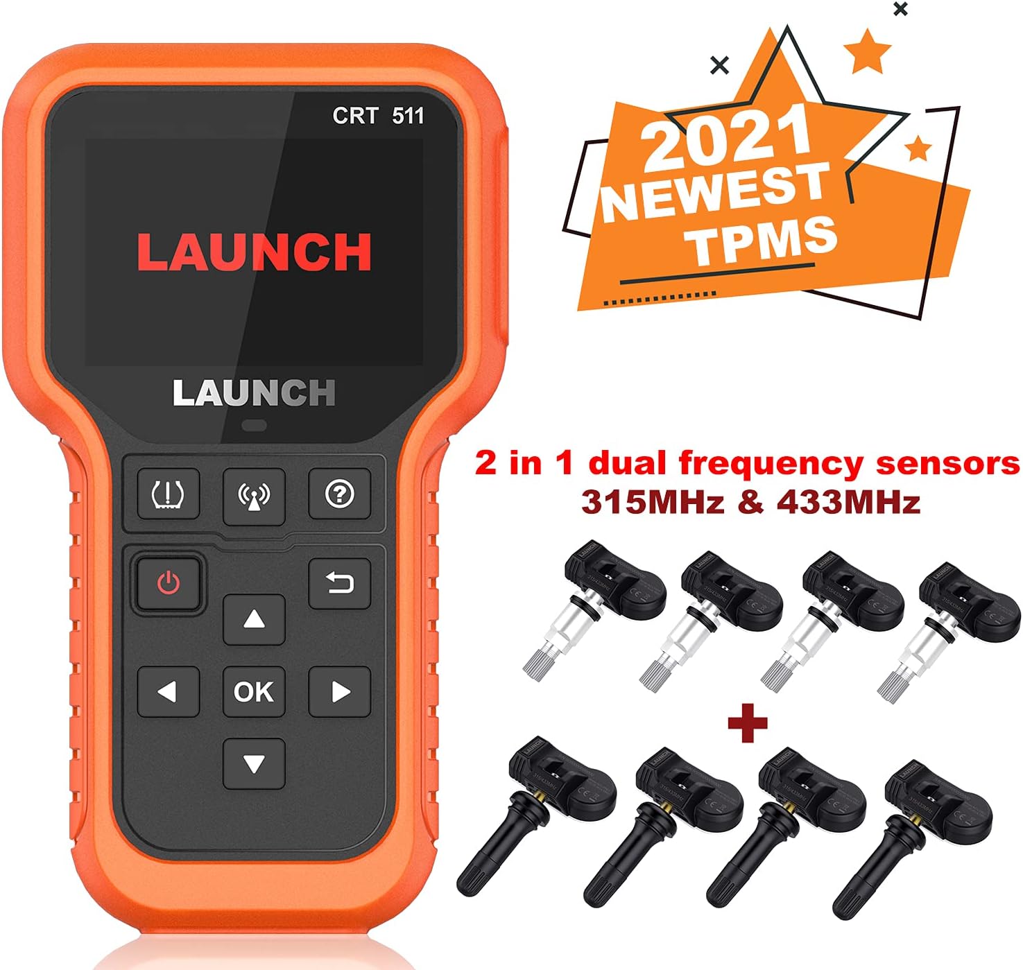 LAUNCH CRT511 TPMS Relearn Tool with 8pcs 2 in 1 315MHz & 433MHz TPMS Sensors, One-Click to Access TPMS Diagnosis, Activate/Relearn Sensors, Program RF-Sersors, Read/Clear TPMS DTCs Car OBD2 Scanner