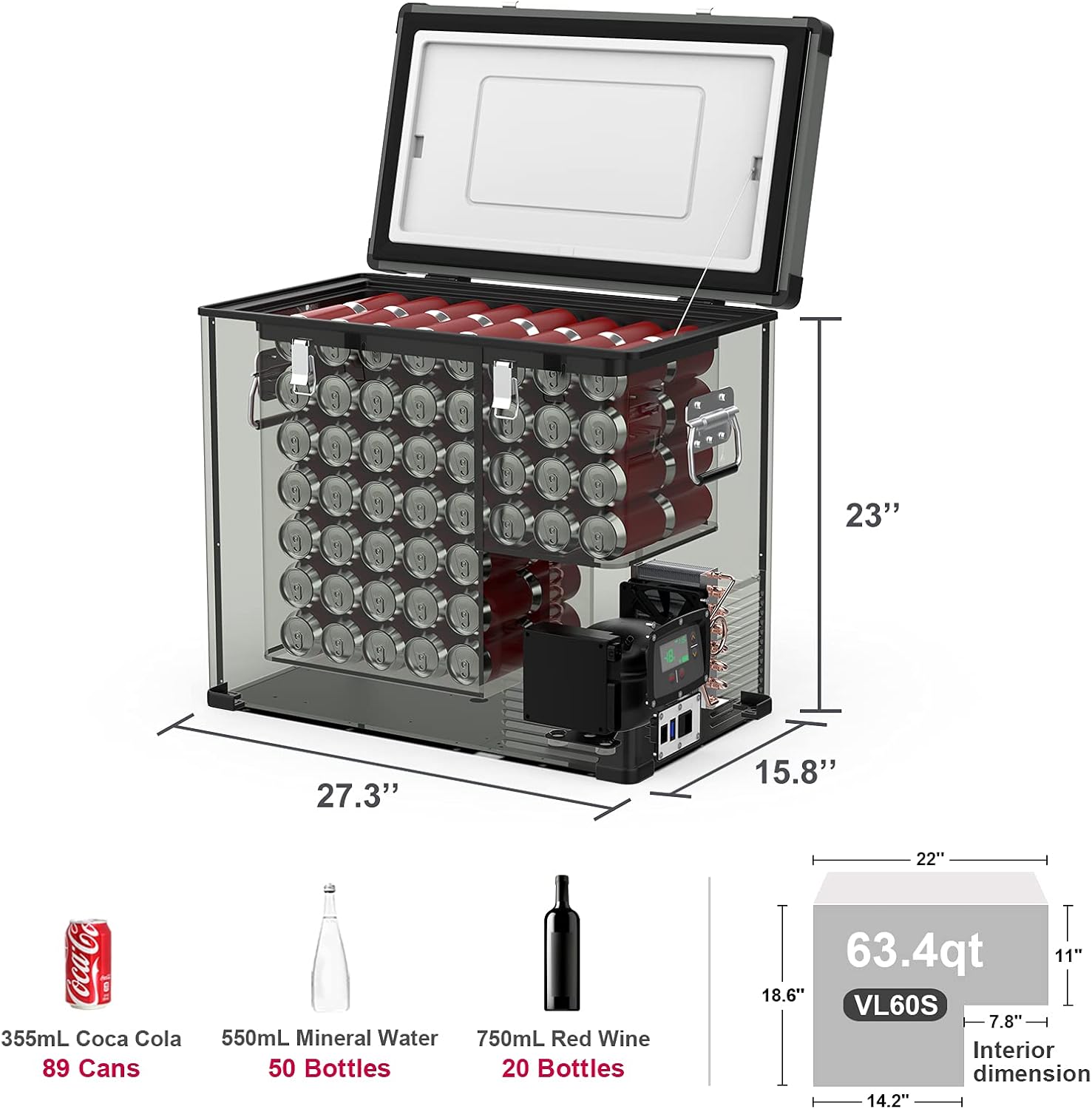 ICECO VL60 63 Quart Single Zone Portable Freezer Car Refrigerator, 60L Platinum Compact Refrigerator(0℉ to 50℉), AC 110-240V, DC 12/24V, with Portable Refrigerator Slide Mount