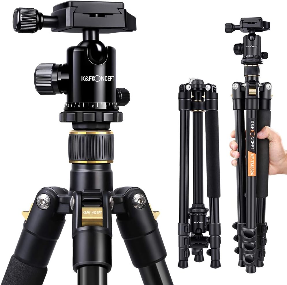 K&F Concept 62'' DSLR Tripod, Lightweight and Compact Aluminum Camera Tripod with 360 Panorama Ball Head Quick Release Plate for Travel and Work (TM2324 Black)