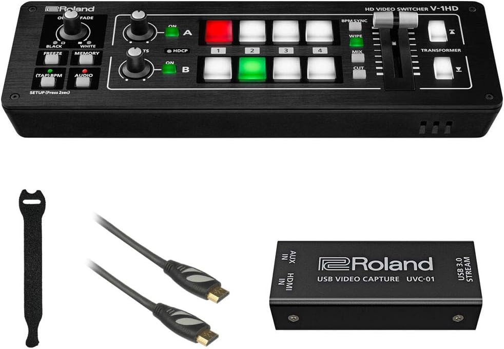 Roland V-1HD STR Mixer/Switcher Live Streaming Bundle with Video Encoder UVC-01, 6' HDMI Cable & 10-Pack Straps