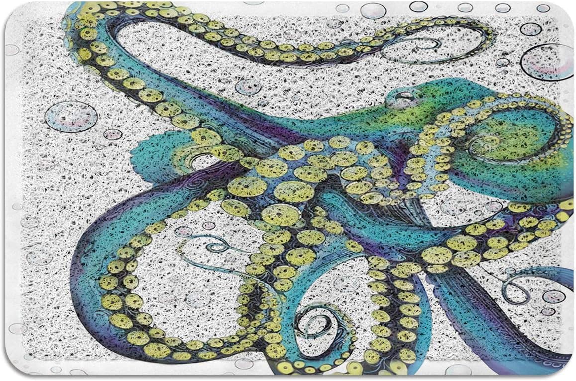 Meet 1998 Outdoor Durable Doormat Blue Green Kraken Non-Slip Rubber Backing Mats Heavy Duty Carpet Shoes Scraper Rugs Machine Washable for Entrance Sea Animal 18x30 inch