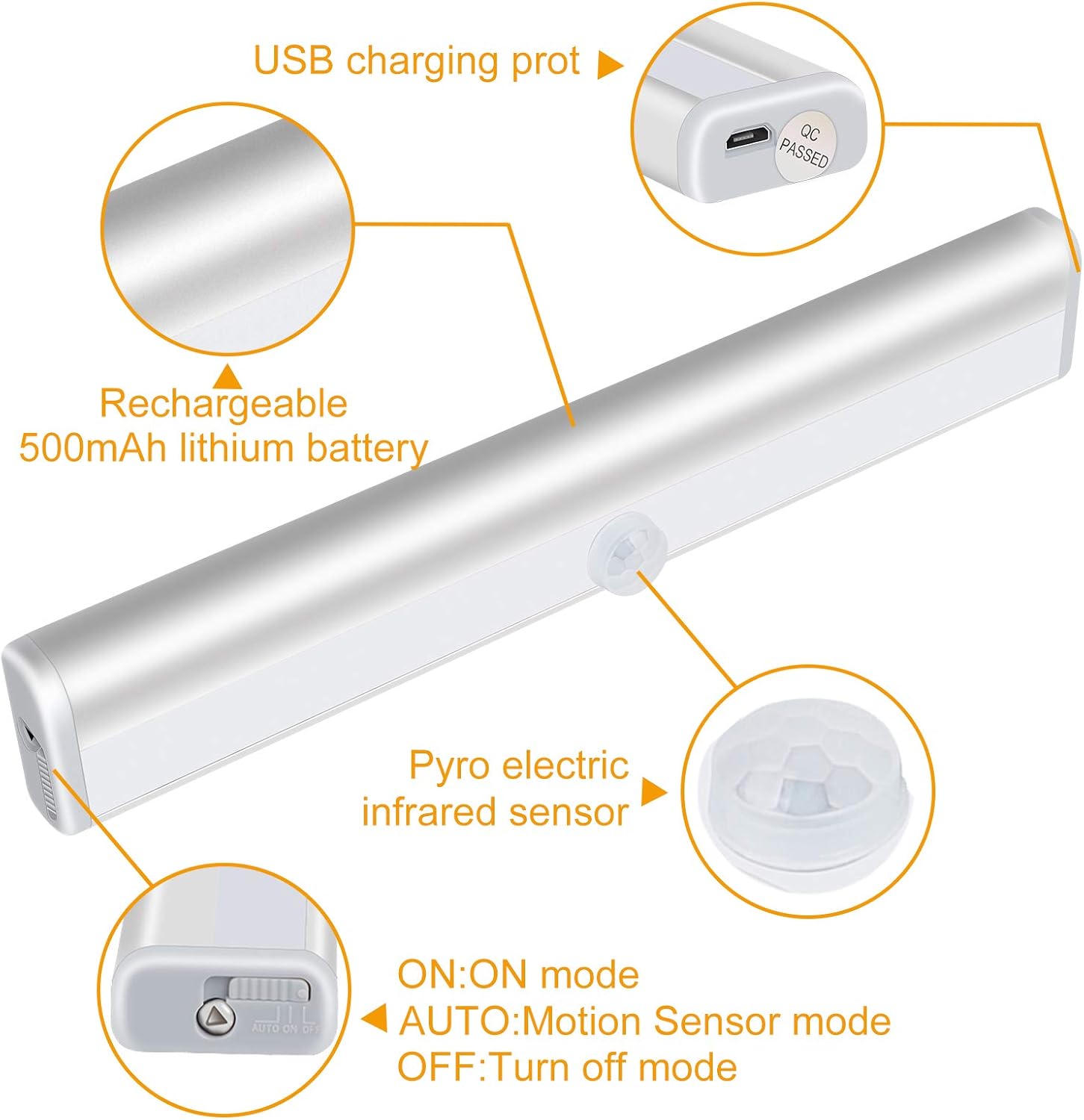 Under Cabinet Lighting Wireless Rechargeable, Motion Sensor Closet Lights Under Counter Lights, Motion & Light Sensor Stick on Anywhere Led Night Light for Wardrobe, Kitchen, Hallway, Stairs, 6 Pack