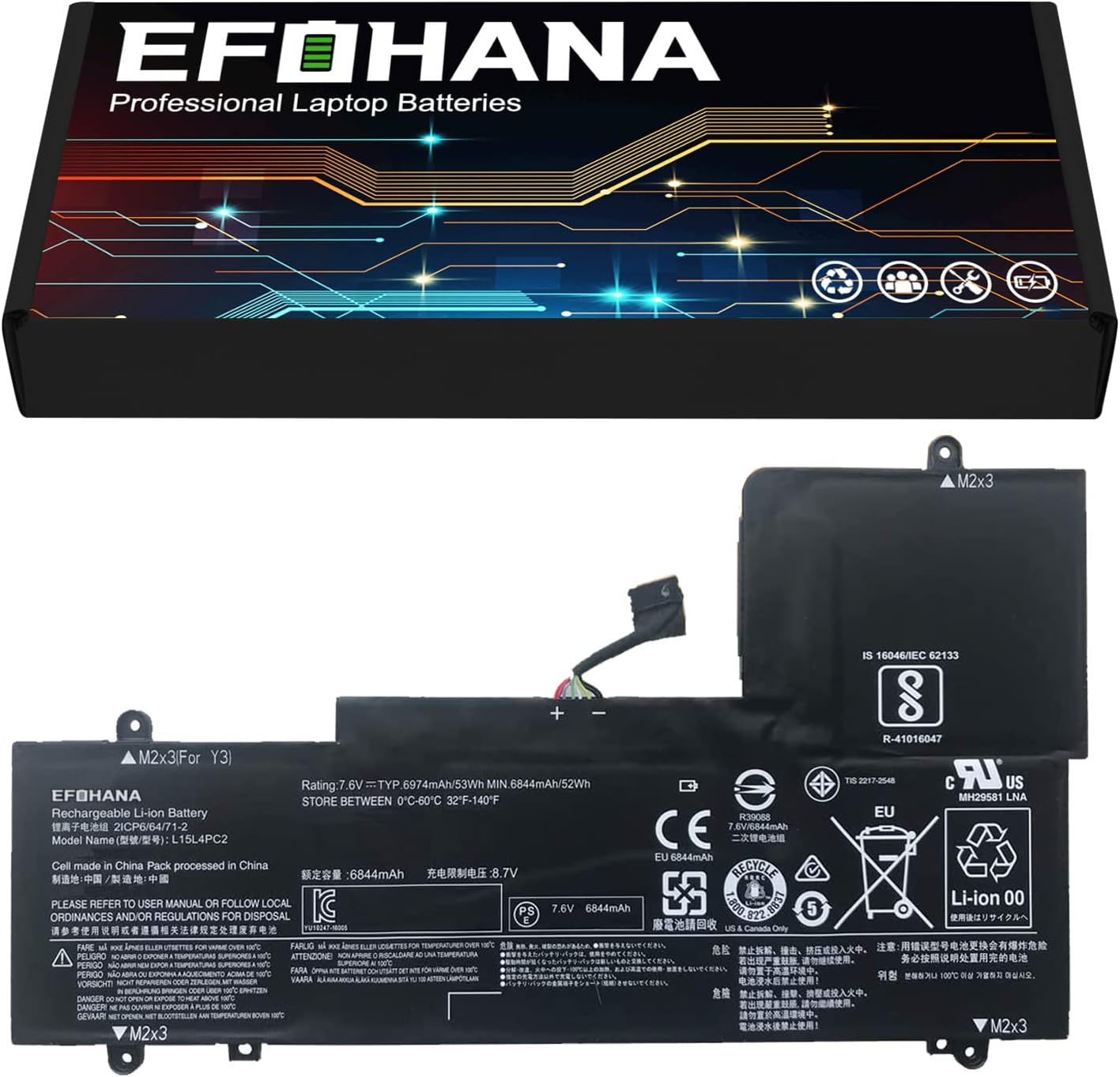 efohana L15L4PC2 Laptop Battery Replacement for Ideapad Yoga 710-14IKB 710-14ISK 710-15IKB 710-15ISK Series Notebook 5B10K90802 L15M4PC2 5B10K90778 7.6V 53Wh 6974mAh 4-Cells Pack of 2
