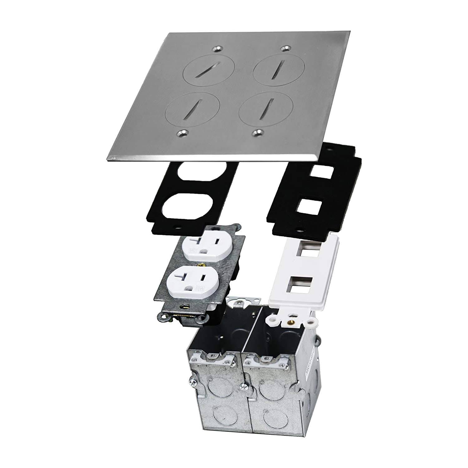 Enerlites 975510-ss, Floor Box 2 Gang Kit, 20A Tamper / Weather Resistant Duplex Receptacle, UL Listed - Stainless Steel, White