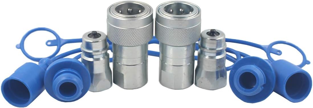 2-Sets 3/8'' Ag NPT ISO5675 Carbon Steel Hydraulic Quick Connect Coupling/Coupler Poppet Valve，Pioneer Type, Set w/Dust Cap Pack of 2