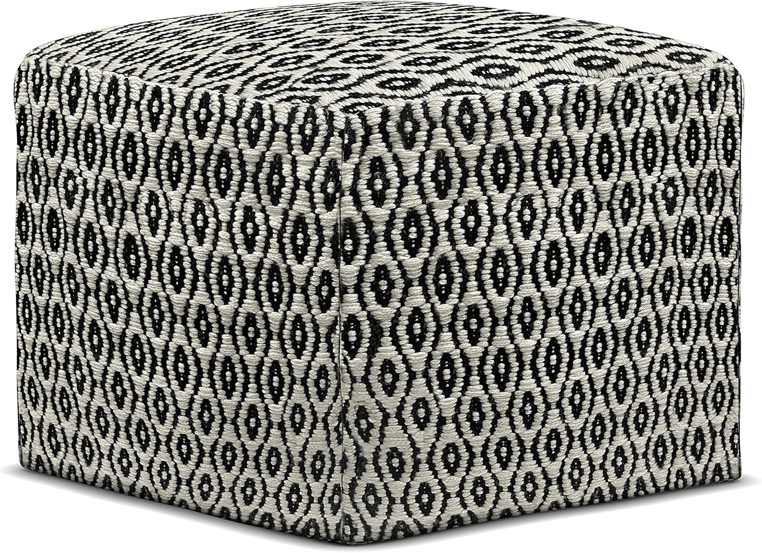 SIMPLIHOME Kiana Boho Square Woven Outdoor/ Indoor Pouf in Black and White Recycled PET Polyester for the Living Room, Family Room, Bedroom and Kids Room