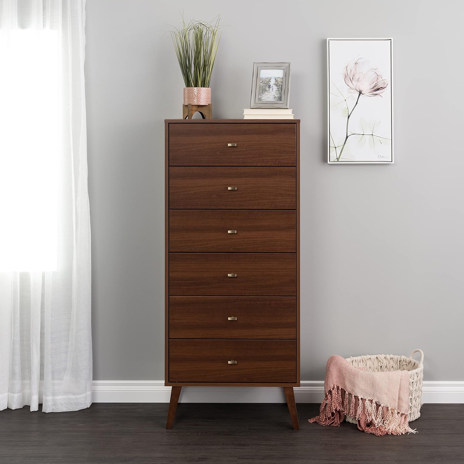 Prepac Milo Mid Century Modern Tall Chest, 6-Drawer, White